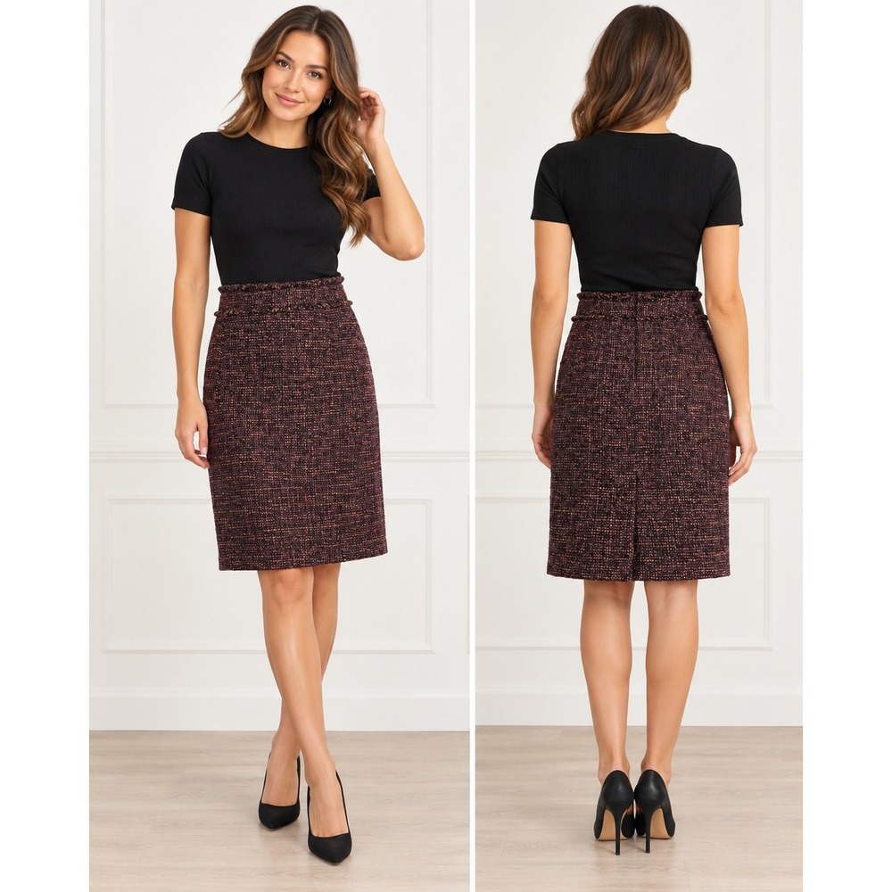 Ann Taylor Burgundy Brown Wool Blend Tweed Fringe Pencil Skirt Size 2 Knee Lngth